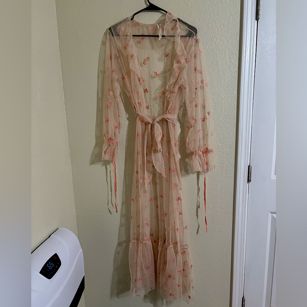 Mesh Robe with pink embroidered hearts